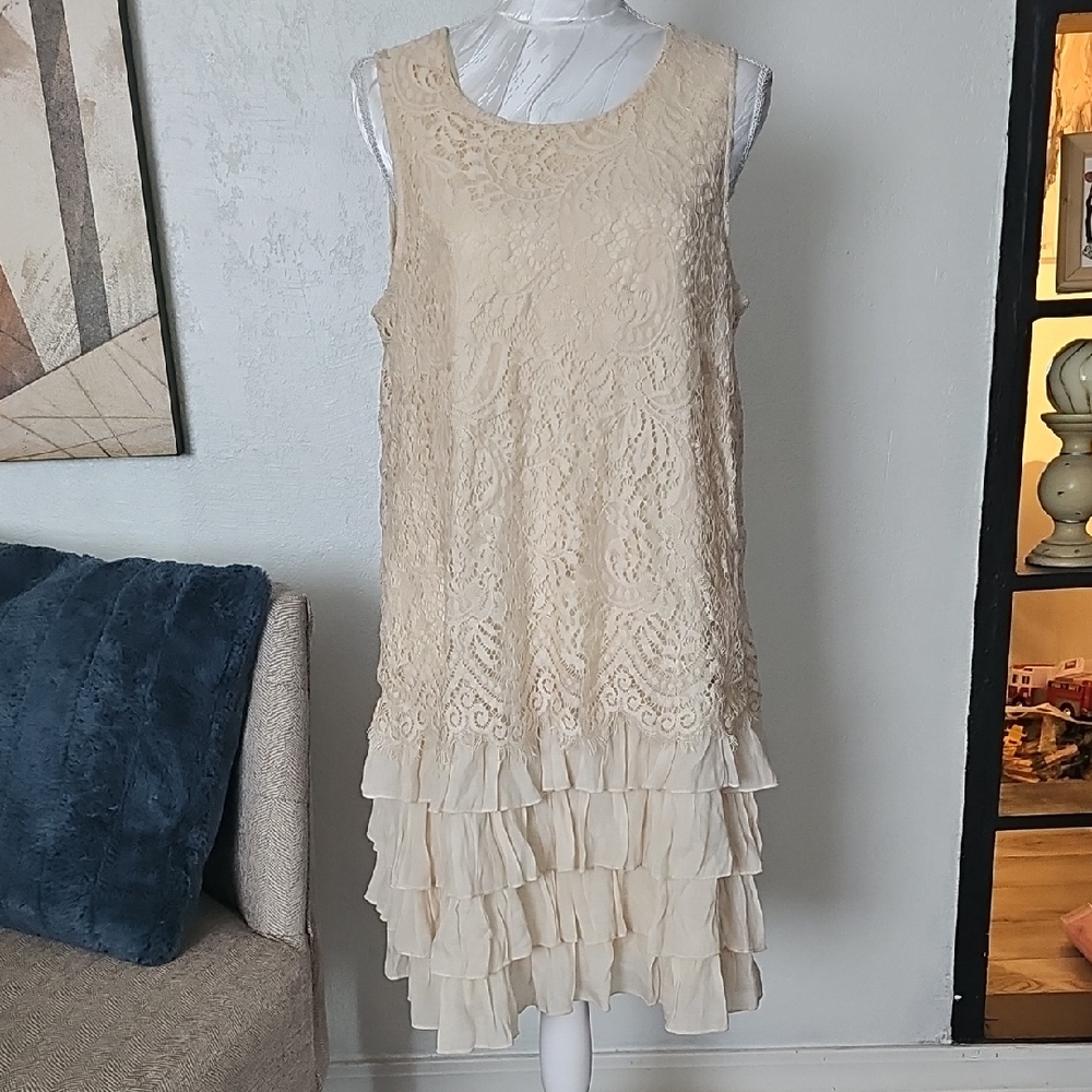 Sleeveless Cream Lace & Ruffle Tiered Dress